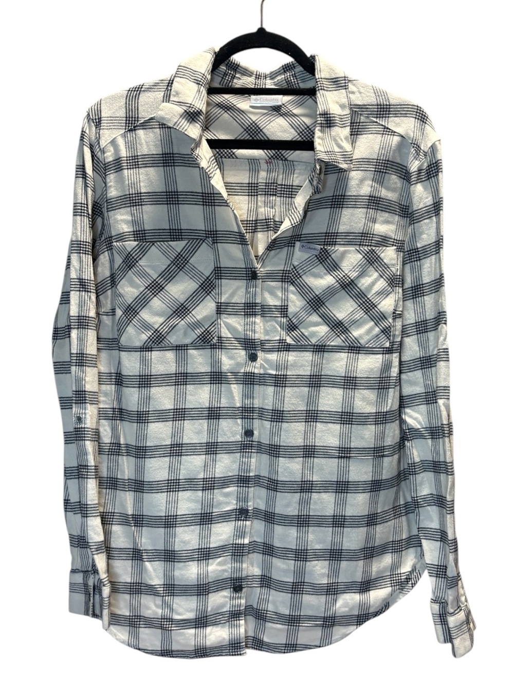 Columbia White and Black Plaid Casual Button-Down Shirt